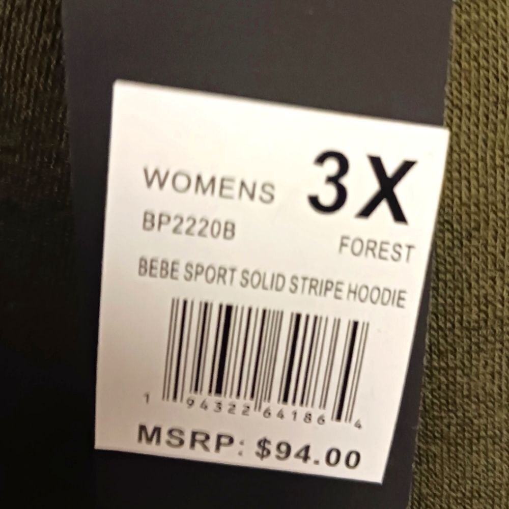 BEBE SPORT Plus Size Women's Forest Green Solid Stripe LogoโHoodie NWT - Picture 12 of 14